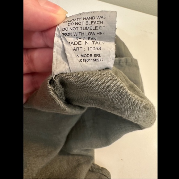 BELLAMBRA 100% Linen Dress Olive Green Made in Italy Crochet Back Sheath Shift - Picture 9 of 10